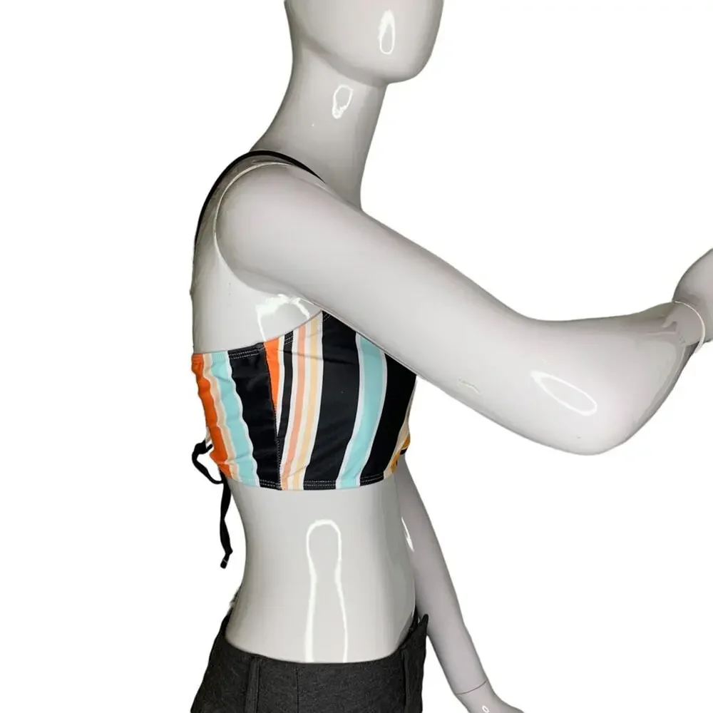 Romwe Striped Bikini Top Size L Multicolor Crisscross and Tie Back